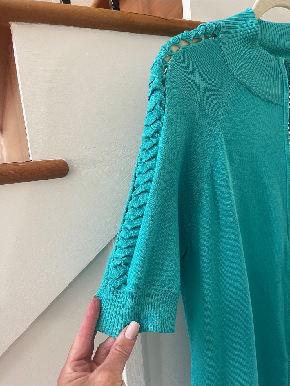 Belldini Teal Rhinestone Zip-Front Short Sleeve Sweater Size XL - Picture 6 of 16